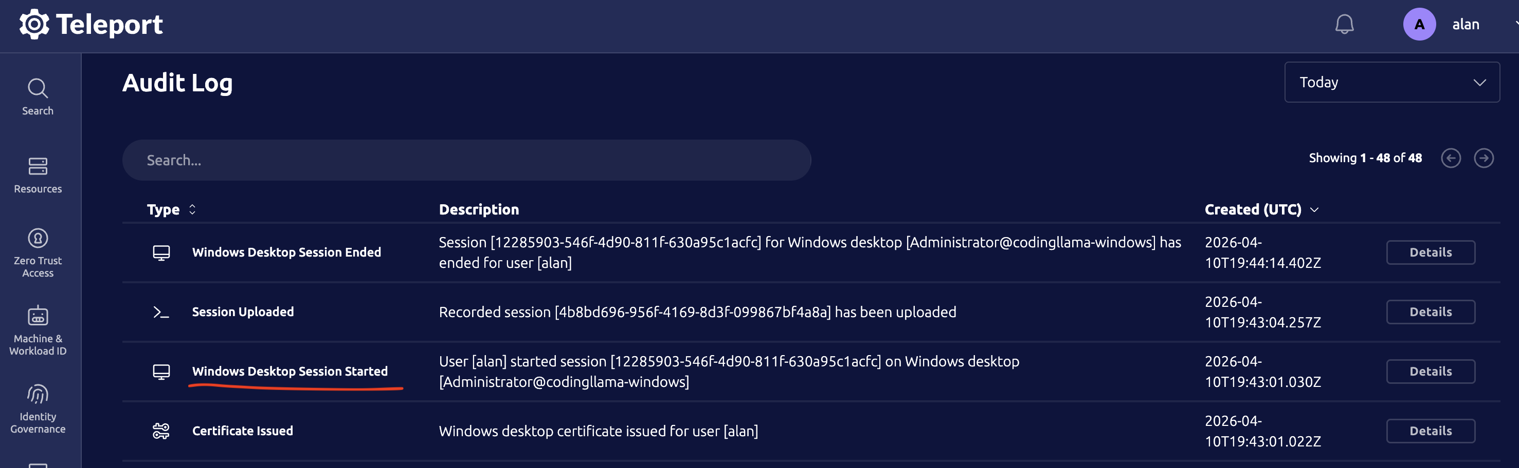 Session Started event in audit