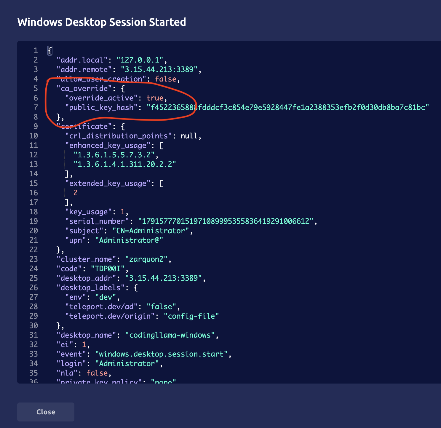Session Started event details