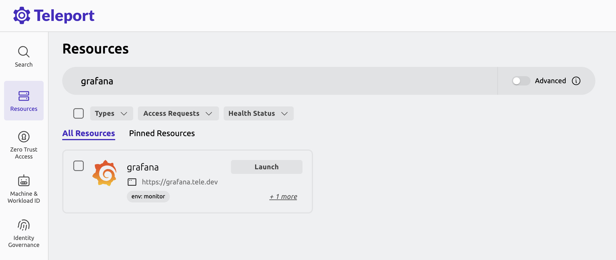 Grafana app enrolled in Teleport