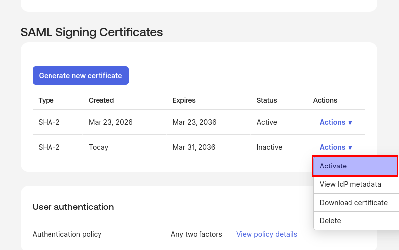 Okta activate certificate