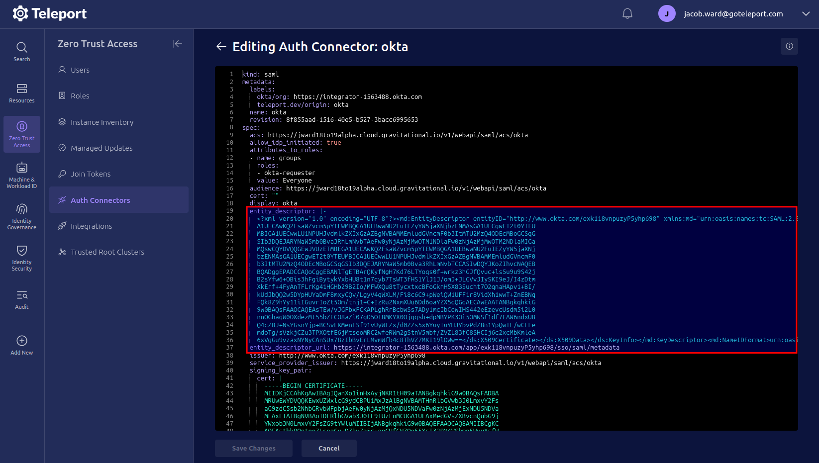 SAML connector editor repopulated metadata